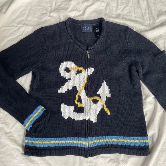 Liz Claiborne Crazy Horse Nautical Anchor Heavy Cotton Zip Cardigan - Picture 1 of 9